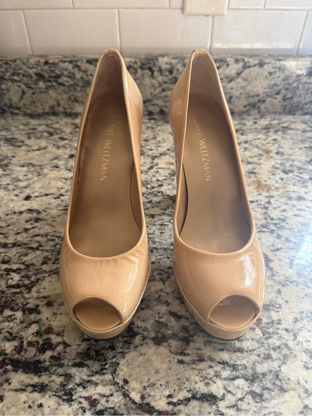 Stuart Weitzman Platform Peep Toe Patent Beige Heels 7Narrow